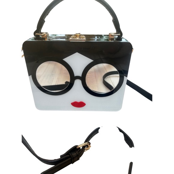Novelty Acrylic Face Box Clutch Crossbody Bag Black White Glasses Red Lips - Picture 3 of 11